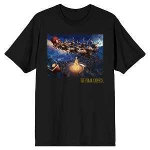 Polar Express Santa's Sleigh Above Christmas Tree Crew Neck Short Sleeve Men's Black T-shirt - 1 of 3