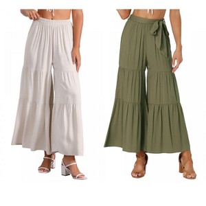 INSPIRE CHIC Women's Boho Elastic High Waist Tie Belt Ruffle Hem Wide Leg Palazzo Pants 2 Packs - 1 of 4