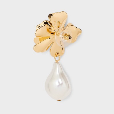 Flower Post With Pearl Fringe Dangle Earrings - Gold/Ivory