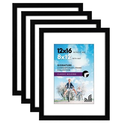 Americanflat 12x16 Picture Frame with Shatter-Resistant Glass - Set of 4 - Use as 8x12 Frame with Mat or 12x16 Frame Without Mat - Black