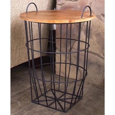 Round Metal Wire Basket Side Table with Wooden Lid