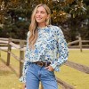 Women's Blue Floral Ruffle Standing Collar Poet Sleeve Blouse - Cupshe - image 3 of 4