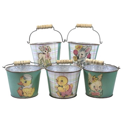 Easter 3.75" Happy Easter Buckets Set / 5 Basket Decorate Retro Duck Lamb  -  Decorative Figurines