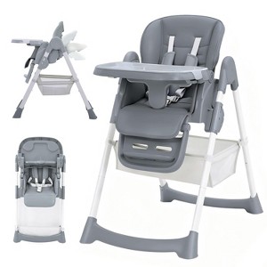 Foldable Baby High Chair - Adjustable PU Leather Seat with 5-Point Harness, Removable Tray & Locking Wheels for Toddlers - 1 of 4