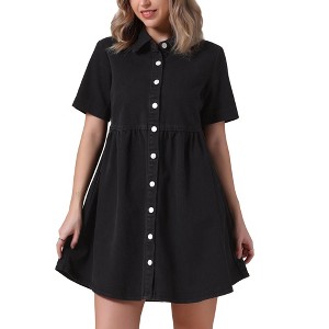 INSPIRE CHIC Women's Denim Short Sleeve Button Down Turndown Collar Babydoll Mini Shirt Dresses - 1 of 4