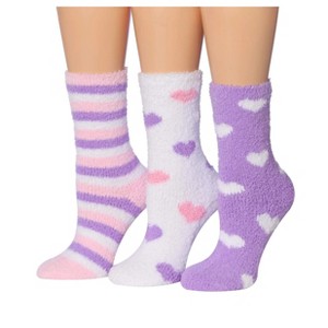 Tipi Toe Women's 3-Pairs Hospital Violet Colors Stripes Heart Pattern With Grips Soft Fuzzy Anti-Skid Crew Socks - 1 of 1
