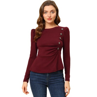 INSPIRE CHIC Women's Round Neck Button Decor Long Sleeve Peplum Shirts