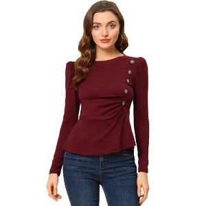 INSPIRE CHIC Women's Round Neck Button Decor Long Sleeve Peplum Shirts - 1 of 4