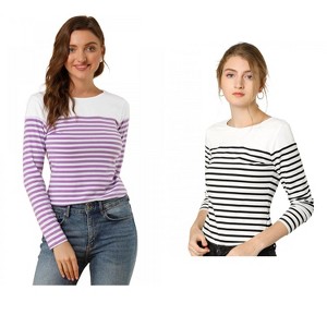 Allegra K Women's Color Block Round Neck Long Sleeves Striped Basic T-Shirt 2 Packs - 1 of 4