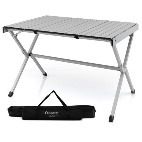 COSTWAY Folding Picnic Table, Portable 4ft Roll Up Camping Table with  Storage Bag, for 4-6 People, Low Height Foldable Bamboo Bench Table, for  Indoor