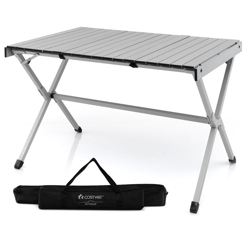 Costway 4-6 Person Portable Aluminum Camping Table Lightweight Roll Up Table Grey/Brown, 1 of 11