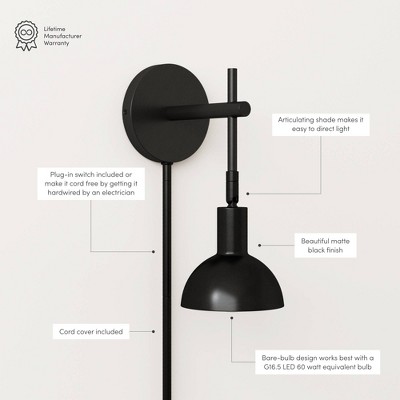 Matte Black Adjustable Metal Wall Sconce with Bell Shade