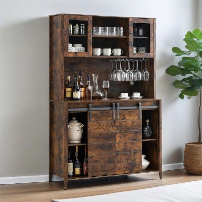 Farmhouse Coffee Bar Cabinet with Hutch & Sliding Barn Door, Tall Buffet Sideboard with Juice Rack & Glass Slots, Kitchen Storage