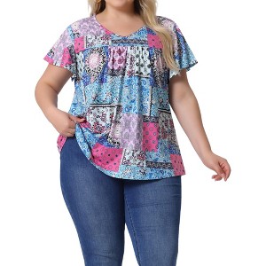 Agnes Orinda Women's Plus Size V Neck Ruffle Short Sleeve Boho Floral Casual T-Shirt - 1 of 4