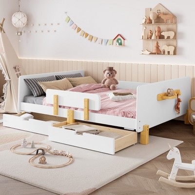 KWPZQEB Twin/Full Platform Bed Frame with 2 Drawers & Guardrail, Solid Wood Bed Frame for Kids, No Box Spring Needed, Easy Assembly