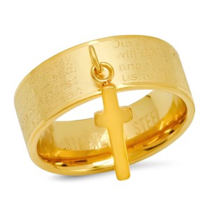 Steeltime Ladies stainless steel Our Father english prayer band ring with cross charm - 1 of 4