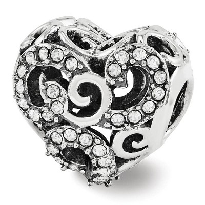 Black Bow Jewelry Sterling Silver with White Crystals Filigree Heart Bead Charm
