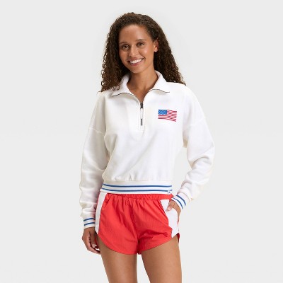Women's 4th of July Flocked Flag French Terry 1/2 Zip Sweatshirt - JoyLab™ White