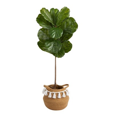Nearly Natural 4-ft Fiddle Leaf Tree in Boho Chic Handmade Natural Cotton Woven Planter with Tassels UV Resistant