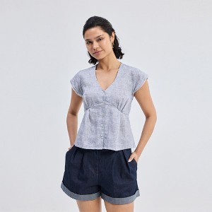Reistor Women's Deep V-neck short top in  Linen Stripes - 1 of 4