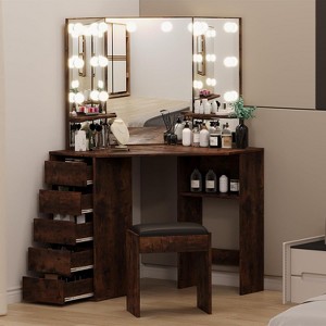Corner Vanity Desk and Bench, Makeup Vanity Table with 3-Folding Lighted Mirrors, Charging Station, 5 Drawers for Bedroom - 1 of 4