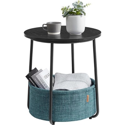 Simple Trending Small Bedside Table with Fabric Basket Ebony Black + Turquoise Blue