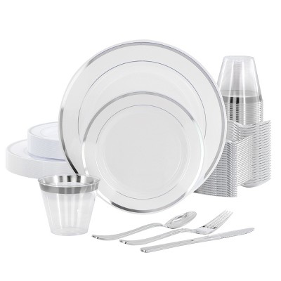 Elama 150 Piece Disposable Plastic Dinnerware Party Set for 25 Guests in White with Silver Trim