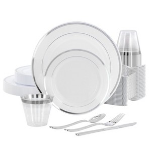 Elama 150 Piece Disposable Plastic Dinnerware Party Set for 25 Guests in White with Silver Trim - 1 of 4