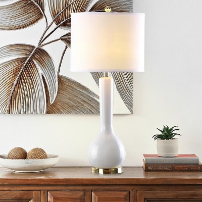 Mae Long Neck Ceramic Table Lamp in Light Grey with Off-White Shade