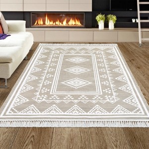 Indoor Tassel Area Rug for Bedroom Living Room - Washable Bordered Farmhouse Carpet, Non-Slip Soft Low Pile Stain-Resistant Mat - 1 of 4
