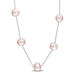 EVERLY JEWELRY | 10K White Gold 7-8mm Freshwater Cultured Pink Pearl "Tin-Cup-Style Necklace with Chain, 17-inch - 1 of 4