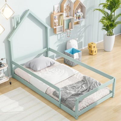 Twin Size House Floor Bed, Twin Floor Bed Frame House-Shaped Headboard Bed With Full-Length Guardrails, Pine Wood Bed For Boys, Girls(Without Slats)