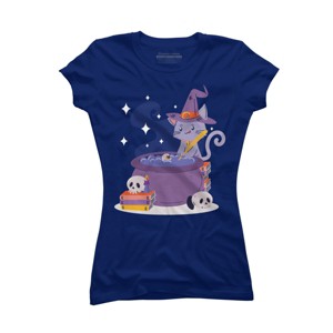 Junior's Design By Humans Halloween Kitty Cauldron By machmigo T-Shirt - 1 of 2