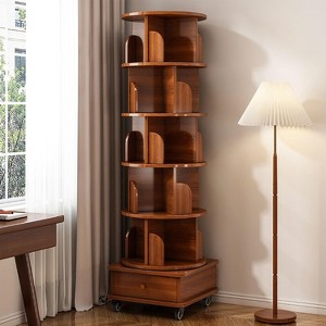 Rotating Bookshelf, 360° Rotating 6-Tier Bookshelf Tower, Floor Standing Multi-Functional Bookcase, Display Corner Organizer With Drawer & Wheels - 1 of 4