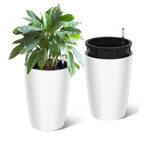 Set of 4 Self-Watering Planters (16" tall) with built-in drainage & water monitor. Perfect for patio, porch, living room, or office. - 1 of 4