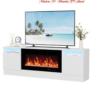 Modern 70" Wooden TV Stand for Living Room –  Lighting, Storage Cabinets & Open Shelves, Fits up to 75" TVs and 36" Electric Fireplace - 1 of 4