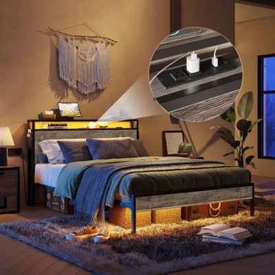 Bestier Queen Size Metal Frame Bed with LED Headboard and Storage