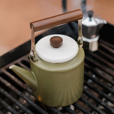 Olive Drab Enamel Kettle with Walnut Handle and Steel Lid