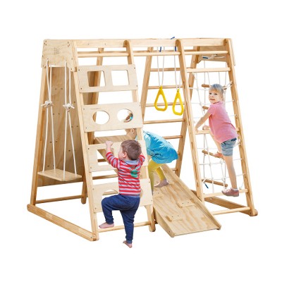 Indoor Playground, 8-in-1 Climbing Toys For Toddlers, Wooden Indoor Playground With Slide, Swing, Climbing Rock, Climbing Net, Rings And More