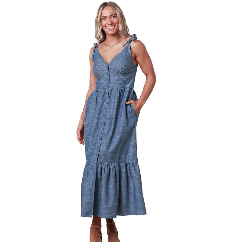 Hope & Henry Women's Bow Shoulder Button Front Chambray Maxi Dress, 1 of 6