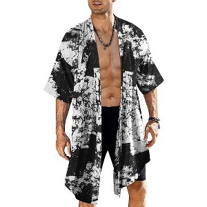 COOFANDY Men's Ruffle Shawl Collar Lightweight Cardigan Long Kimono Jackets Open Front Drape Cape Coat - 1 of 4