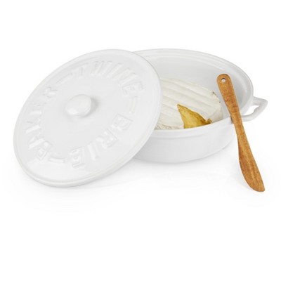 Twine Ceramic Brie Baker with Wood Spreader, Brie Baker with Lid, Acacia Wood Spreader, White Ceramic, Set of 1