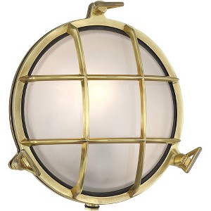Possini Euro Design Anjali 10" High Industrial Outdoor Wall Light Fixture Mount Porch House Bulkhead Weatherproof Gold Brass Finish Glass Shade - 1 of 4