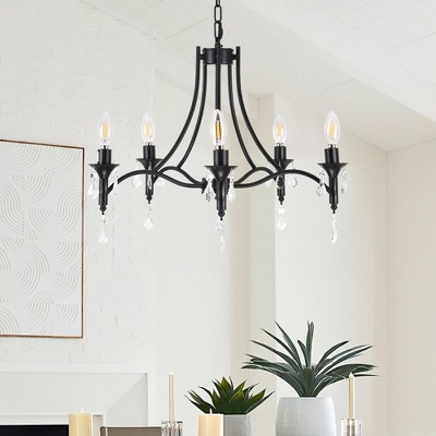 PAKOKULA 5-Light Matte Black Candlestick Branch Chandelier with Crystal Pendant for Living Room