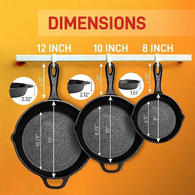 NutriChef 3-Piece Black Cast Iron Skillet Set with Red Silicone Handles