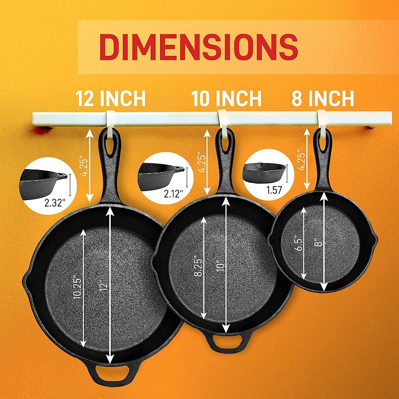 NutriChef Heavy Duty Non Stick Pre Seasoned Cast Iron Skillet Frying Pan 3 Piece Set Includes 8-Inch, 10-Inch, 12-Inch Pans, with Silicone Handles, 3 of 8
