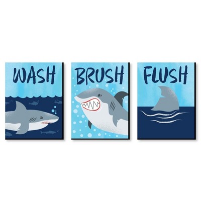 Big Dot of Happiness Shark Zone - Kids Bathroom Rules Wall Art - 7.5 x 10 inches - Set of 3 Signs - Wash, Brush, Flush