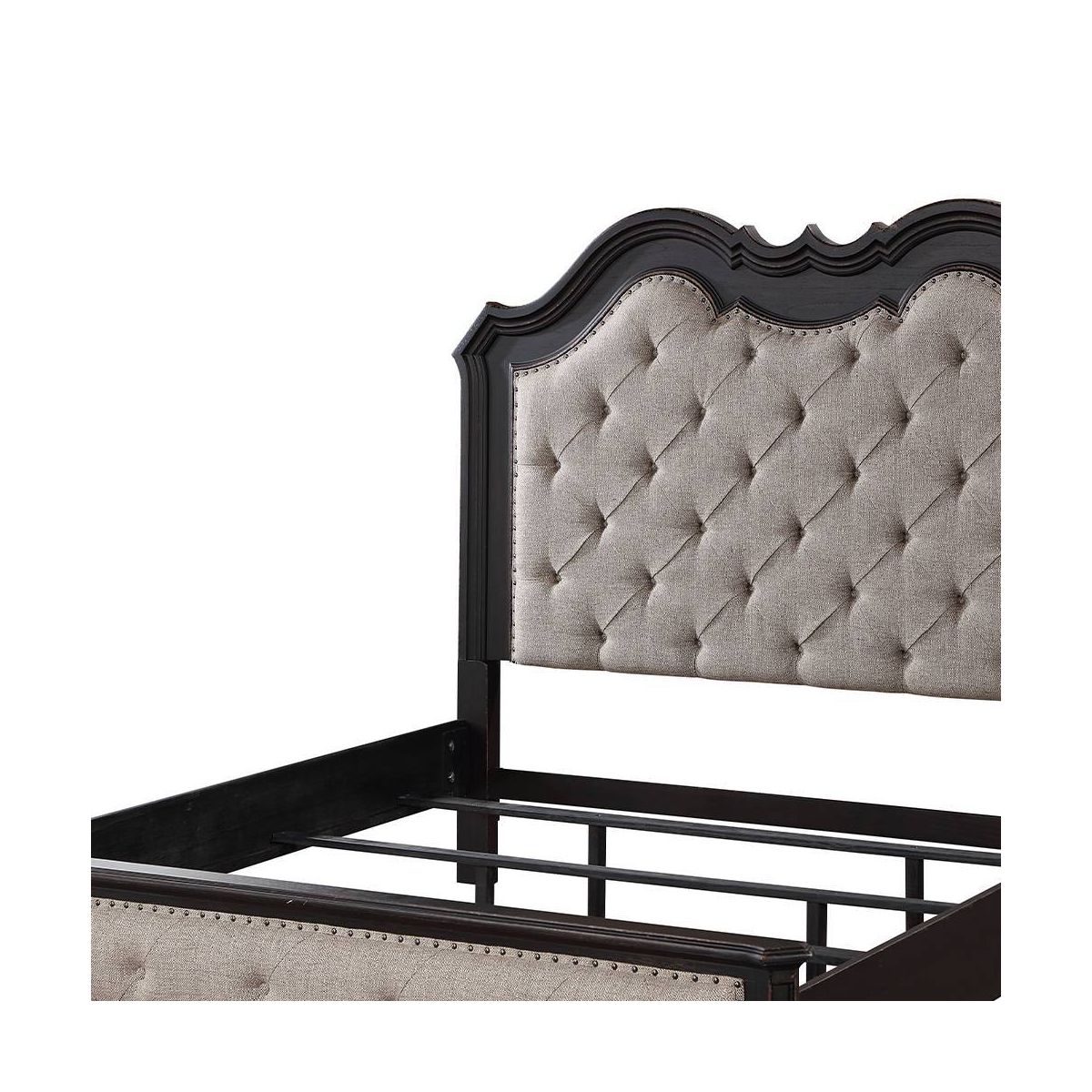 82.5"California King Bed Chelmsford Bed Beige Fabric Antique Black Finish - Acme Furniture: Tufted Upholstered Traditional Design - thumbnail 2