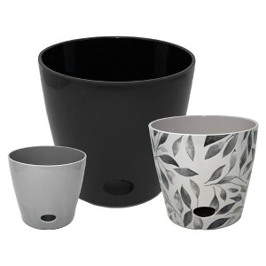 Bamboo Blooms Self-Watering Planter Set of 3 – Gray, Gray Leaves & Black - 1 of 4