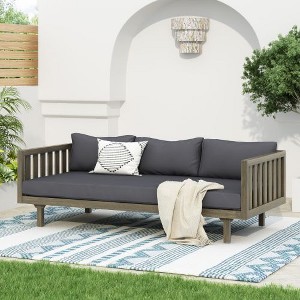 67.75" Patio Sofa, 3 Seater Outdoor Sofa with Rattan Arms, Acacia Wood Daybed with Water-Resistant Cushions -Christopher Knight Home - 1 of 4